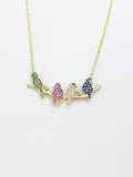 Bird Necklace, Gold Green Pink Blue Diamond Bird on the Branch Charm Necklace, N6086