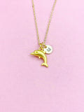 Gold Dolphin Necklace, Dolphin Fish Ocean Charm, Personized Initial Necklace, N5092G