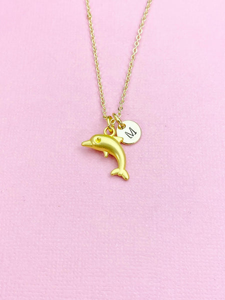 Gold Dolphin Necklace, Dolphin Fish Ocean Charm, Personized Initial Necklace, N5092G