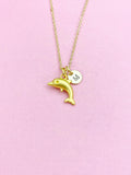 Gold Dolphin Necklace, Dolphin Fish Ocean Charm, Personized Initial Necklace, N5092G