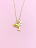 Gold Dolphin Necklace, Dolphin Fish Ocean Charm, Personized Initial Necklace, N5092G