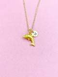 Gold Dolphin Necklace, Dolphin Fish Ocean Charm, Personized Initial Necklace, N5092G