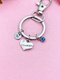 I Love You Charm Keychain, Personalized Initial, Birthstone Keyring