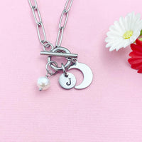 Silver Moon Pearl Charm Necklace, Paperclip Chains with Toggle Clasp, N6099
