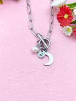 Silver Moon Pearl Charm Necklace, Paperclip Chains with Toggle Clasp, N6099