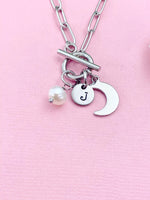 Silver Moon Pearl Charm Necklace, Paperclip Chains with Toggle Clasp, N6099