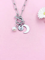 Silver Moon Pearl Charm Necklace, Paperclip Chains with Toggle Clasp, N6099