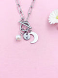 Silver Moon Pearl Charm Necklace, Paperclip Chains with Toggle Clasp, N6099