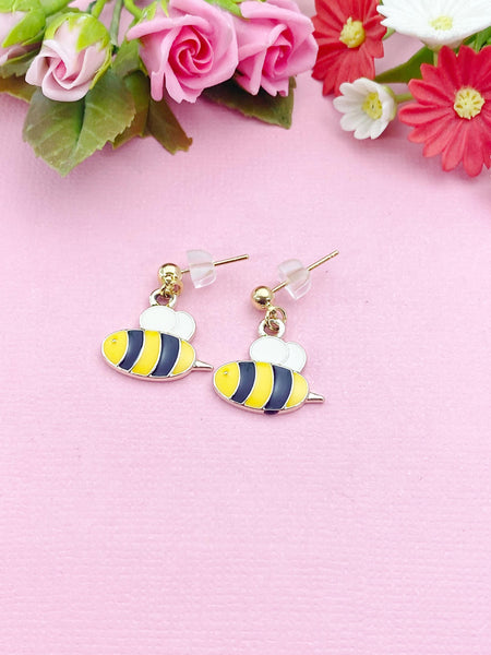 Gold Bumble Bee Earrings, Cute Yellow Bee Charm Earrings, Queen Bee Earrings, N3137