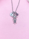 Silver Caduceus Charm Necklace, Birthstone, N761B
