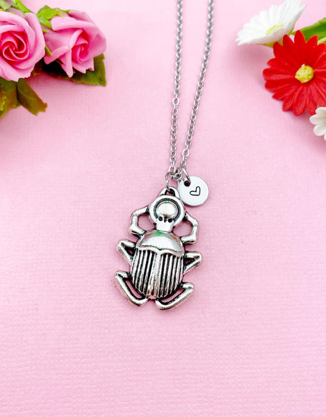 Scarab Charm Silver Necklace, Egypt Beetle Charm, Insect Bug Charm, N6100