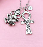 Silver Egypt Beetle Ankh Cross Charm Necklace, Egyptian Cross Charm, N6100A
