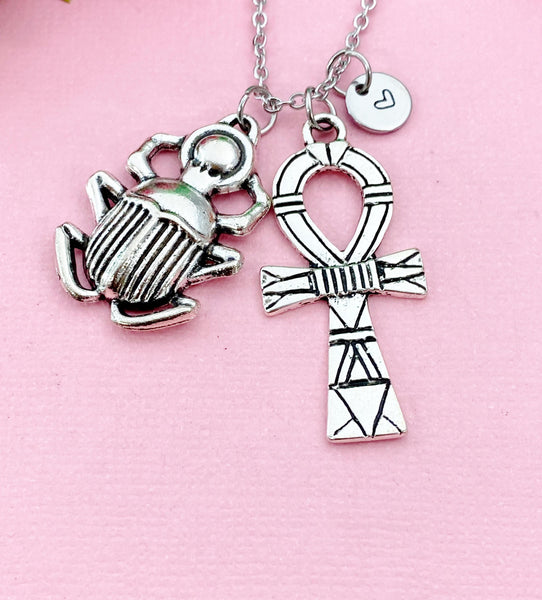 Silver Egypt Beetle Ankh Cross Charm Necklace, Egyptian Cross Charm, N6100A