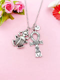 Silver Egypt Beetle Ankh Cross Charm Necklace, Egyptian Cross Charm, N6100A