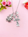 Silver Egypt Beetle Ankh Cross Charm Necklace, Egyptian Cross Charm, N6100A