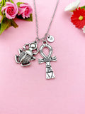 Silver Egypt Beetle Ankh Cross Charm Necklace, Egyptian Cross Charm, N6100A