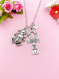 Silver Egypt Beetle Ankh Cross Charm Necklace, Egyptian Cross Charm, N6100A