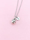 Silver Acorn Charm Necklace, Initial Pendant, Stainless Steel Chain