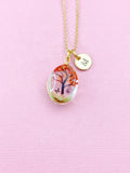 Gold Tree of Life Necklace, Red Pressed Flower, Personalized Initial Charm, N2353