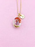 Gold Tree of Life Necklace, Red Pressed Flower, Personalized Initial Charm, N2353