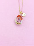 Gold Tree of Life Necklace, Red Pressed Flower, Personalized Initial Charm, N2353