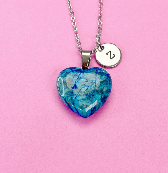 Agate Necklace, Heart Natural Agate Pendants, Personized Initial Necklace, N6137