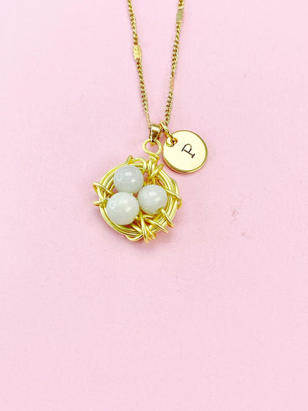 Gold or Silver Handmade Jade Bird Nest Wire Wrap Charm Necklace, Shell Pearl Jewelry, N6138