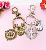 Compass Globe World Charm Keychain ,Silver or Bronze Optional , N1123A