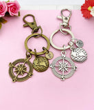 Compass Globe World Charm Keychain ,Silver or Bronze Optional , N1123A