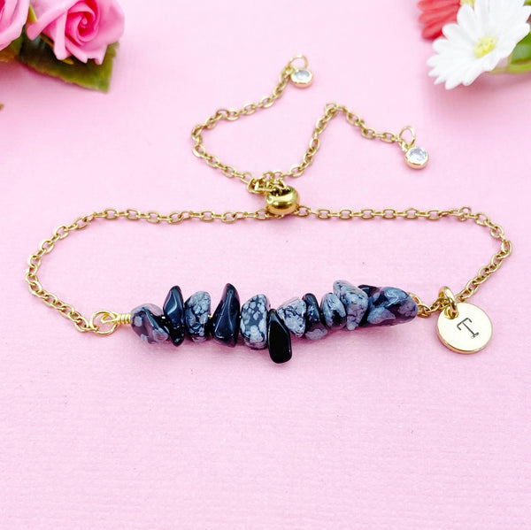 Snowflake Obsidian Bracelet, Silver or Gold Natural Snowflake Obsidian Gemstone Jewelry, N6128B