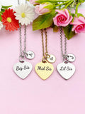 Big Sis Mid Sis Lil Sis Necklace, Heart, Big Sister Middle Sister Little Sister, Sisters Jewelry, Sister Gift, D569