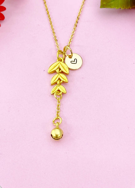 Olive Leaf with Bell Charm Gold Necklace, N6172