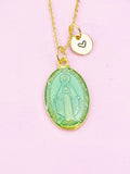 Miraculous Mary Charm Gold Necklace, Green Mint, N6187A