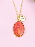 Miraculous Mary Charm Gold Necklace, Red Enamel, N6187B