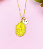 Miraculous Mary Charm Gold Necklace, Yellow Enamel, N6187C