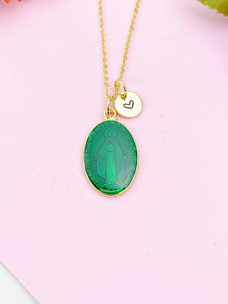 Miraculous Mary Charm Gold Necklace, Green Enamel, N6187D