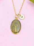 Miraculous Mary Charm Gold Necklace, Black Gray Enamel, N6187E