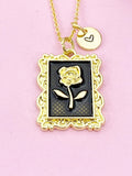 Rose Charm Gold Necklace, Rose Flower Black Enamel, N6189