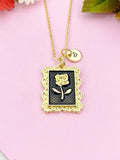 Rose Charm Gold Necklace, Rose Flower Black Enamel, N6189