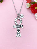 Ankh Cross Necklace, Personalized Initial Charm, Egyptian Jewelry