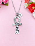 Ankh Cross Necklace, Personalized Initial Charm, Egyptian Jewelry