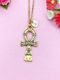 Gold Ankh Cross Necklace, Personalized Initial Charm, N5769