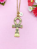 Gold Ankh Cross Necklace, Personalized Initial Charm, N5769