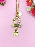 Gold Ankh Cross Necklace, Personalized Initial Charm, N5769