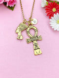 Gold Nefertiti Queen Ankh Necklace, Cross Necklace, Ankh Cross Charm, Egyptian Cross Charm, N5769D