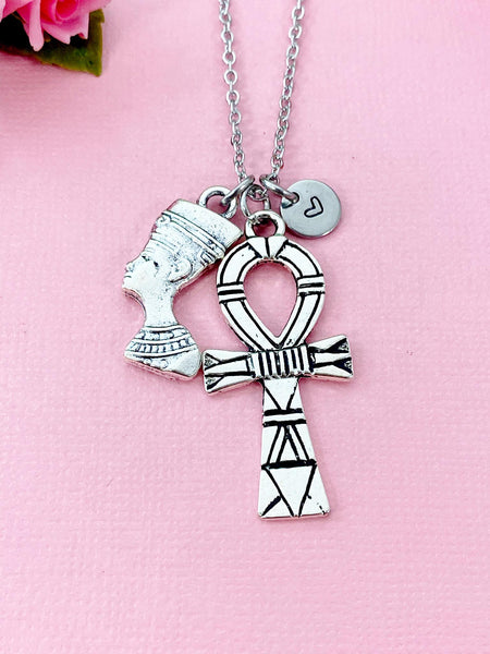 Nefertti Queen Ankh Necklace, Silver Queen Cross Necklace, Ankh Cross Charm, Egyptian Cross Charm, N5548A