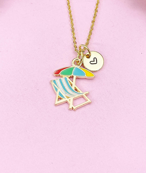 Beach Chair Umbrella Charm Gold Necklace, Beach Summer Vacation Jewelry Gift, N6260