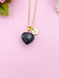 Obsidian Heart Charm Gold Necklace, Natural Obsidian Gemstone Jewelry, N6265