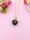 Obsidian Heart Charm Gold Necklace, Natural Obsidian Gemstone Jewelry, N6265