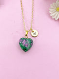 Ruby in Zoisite Heart Charm Gold Necklace, Natural Ruby in Zoisite Gemstone Jewelry, N6266